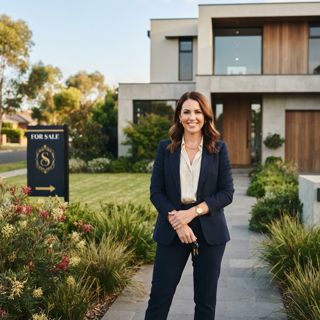 Australian real estate agent standing in front of a modern suburban home